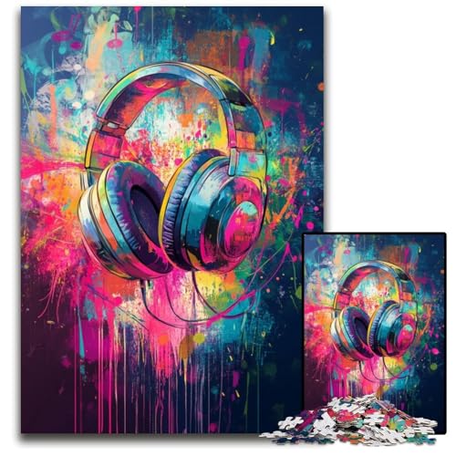 Puzzle 1000 Teile für Erwachsene oder Familien, Bunte Kopfhörer, Holzpuzzles für 14+, schwer zu vervollständigen, Aber lustiges und humorvolles Geburtstagsgeschenk, 50x75cm von JIANGENNF