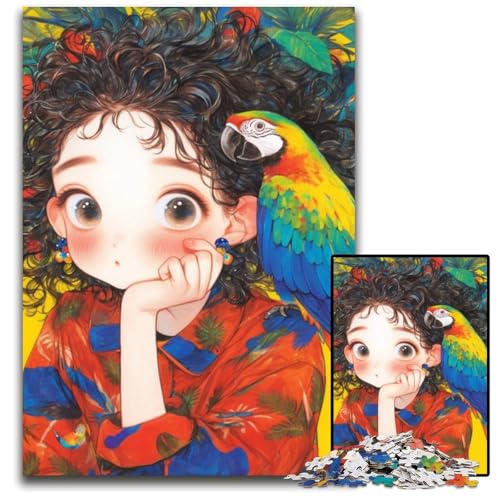 Puzzle 1000 Teile für Erwachsene oder Familien, Mädchen und Papagei, Holzpuzzle, Spielspielzeug, einzigartige Heimdekoration und Geschenke für Kinder ab 14 Jahren, 50x75cm von JIANGENNF