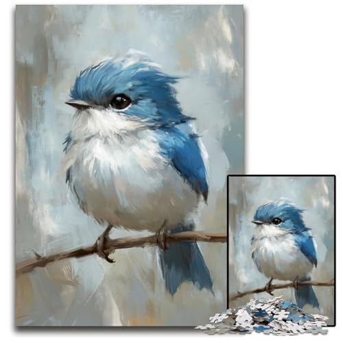 Puzzle 1000 Teile für Erwachsene oder Familien, Niedlicher Kleiner Blauer Vogel, Holzpuzzle, interaktives Familienspiel, geeignet für Kinder ab 14 Jahren, 50x75cm von JIANGENNF