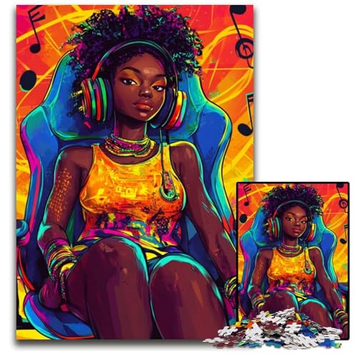 Puzzle 1000 Teile für Erwachsene oder Familien, Schwarzes Mädchen hört Musik, Puzzle, anspruchsvolles Spielspielzeug, einzigartige Geburtstags- und Geschenkideen für Kinder ab 14 Jahren, 50x75cm von JIANGENNF