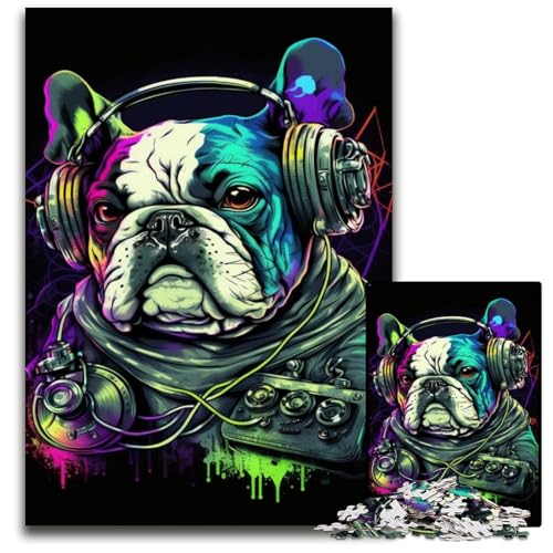 Puzzle für 1000 Teile, Kopfhörer-Bulldogge, anspruchsvolle Puzzles, perfekt für Familienfeiern, Geburtstage, Feiertage, 50x75cm/19,68x29,52 Zoll von JIANGENNF
