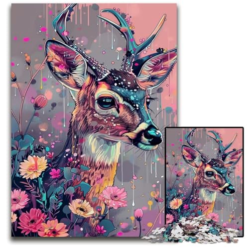 Puzzle für Erwachsene, 1000 Blumen, Sikahirsch, Holzpuzzle, Lernspiele, Stressabbau, Heimdekorationsspielzeug für 14-Jährige, 50x75cm von JIANGENNF