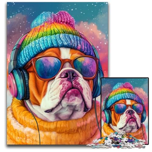 Puzzle für Erwachsene, 1000 Puzzles, Bulldogge hört Musik, Puzzle, Lernspielzeug, ganze Familie, ab 14 Jahren, 26x38cm von JIANGENNF