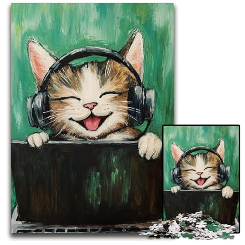 Puzzle für Erwachsene, 1000 Puzzles, Katze hört Musik, Karton-Puzzle, Lernspielzeug für Teenager, Heimbüro-Dekor, 26x38cm von JIANGENNF