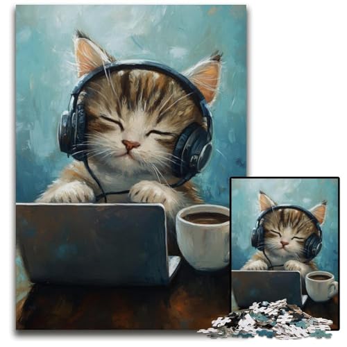 Puzzle für Erwachsene, 1000 Puzzles, Katze hört Musik, Papppuzzle, Denksportaufgabe, Teenager und Heimdekoration, 26x38cm von JIANGENNF