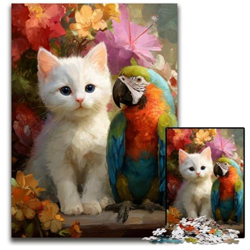 Puzzle für Erwachsene, 1000 Puzzles, Katze und Papagei, Papppuzzle, anspruchsvolles Spielspielzeug, einzigartige Geburtstags- und Geschenkideen für Kinder ab 14 Jahren, 26x38cm von JIANGENNF