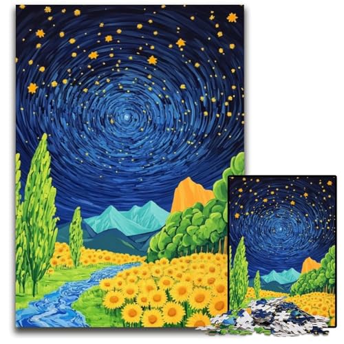 Puzzle für Erwachsene, 1000 Puzzles, Sonnenblumen unter dem Nachthimmel, Lernspielzeug, ganze Familie, ab 14 Jahren, 26x38cm von JIANGENNF