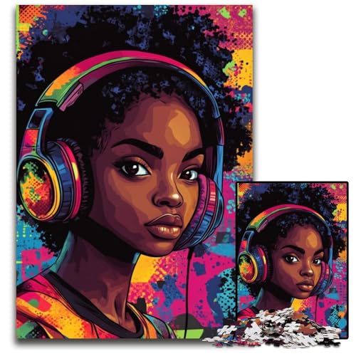 Puzzle für Erwachsene, 1000 Puzzles, schwarzes Mädchen hört Musik, Holzpuzzle, Denksportaufgabe, Teenager und Heimdekoration, 50x75cm von JIANGENNF
