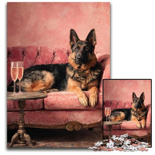 Puzzle für Erwachsene, 1000 Stück, Deutscher Schäferhund auf dem Sofa, Karton-Puzzles, Lernspiele, Stressabbau, Heimdekorationsspielzeug für 14-Jährige, 26x38cm von JIANGENNF
