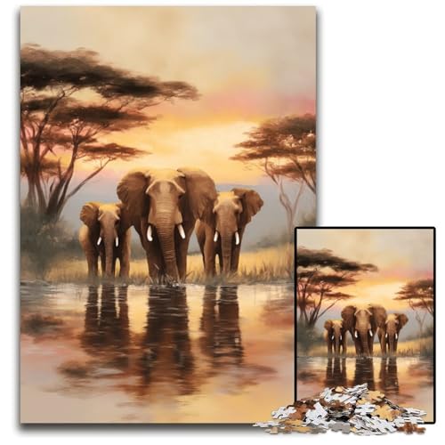 Puzzle für Erwachsene, 1000 Teile, Afrikanischer Elefant, Holzpuzzle, Spiel für Erwachsene, Geschenk, Familien-Interaktives Spiel, Gehirn-Herausforderung, Geschenk, 50x75cm von JIANGENNF