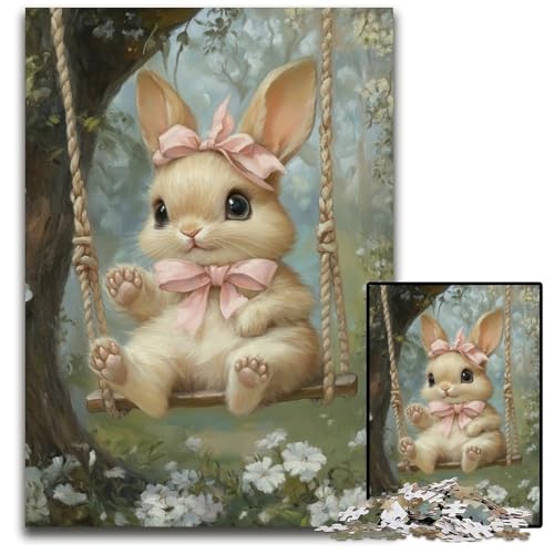 Puzzle für Erwachsene, 1000 Teile, Baby-Häschen auf der Schaukel, Holzpuzzle, schwierig und herausfordernd, tolle Geschenke und Spielzeuge für 14-Jährige, 50x75cm von JIANGENNF
