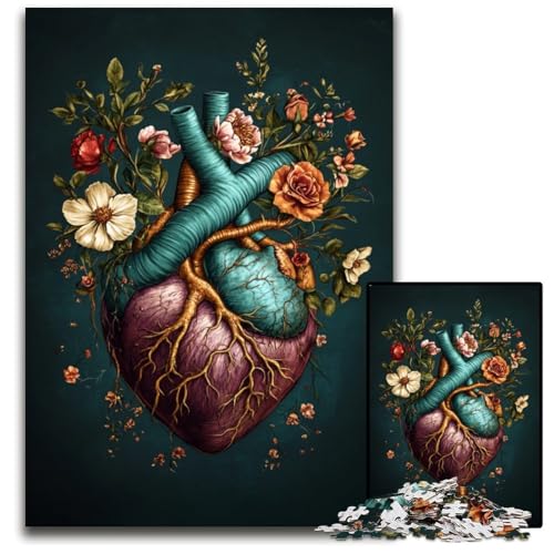 Puzzle für Erwachsene, 1000 Teile, Blumenherz, Holzpuzzle für Heimdekorationsgeschenke, anspruchsvolles Familienspielzeug, perfekt für Spieleabende, 50x75cm von JIANGENNF