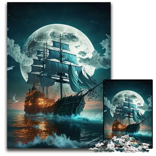 Puzzle für Erwachsene, 1000 Teile, Boot, Mond, Nacht, Papppuzzle, Spiel für Erwachsene, Geschenk, Familien-Interaktives Spiel, Gehirn-Herausforderung, Geschenk, 26x38cm/10,23x14,96 Zoll von JIANGENNF