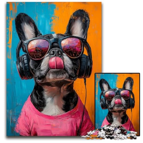 Puzzle für Erwachsene, 1000 Teile, Bulldogge hört Musik, Holzpuzzle, Denksportaufgabe, einzigartige Geburtstags- und Geschenkideen für Kinder ab 14 Jahren, 50x75cm von JIANGENNF