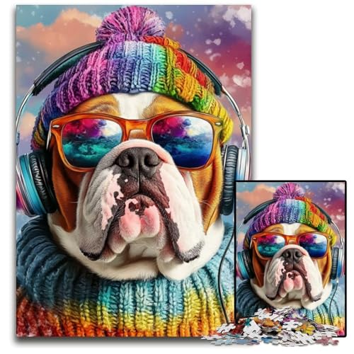 Puzzle für Erwachsene, 1000 Teile, Bulldogge hört Musik, Papppuzzle, Denksportaufgabe, einzigartige Geburtstags- und Geschenkideen für Kinder ab 14 Jahren, 26x38cm von JIANGENNF