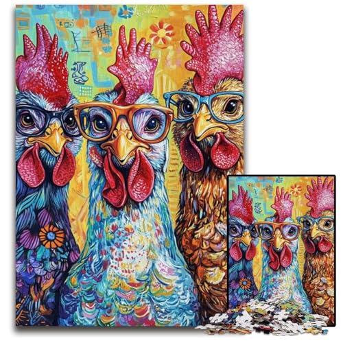 Puzzle für Erwachsene, 1000 Teile, DREI Hühner, Holzpuzzle, Spiel für Erwachsene, Geschenk, Familien-Interaktives Spiel, Gehirn-Herausforderung, Geschenk, 50x75cm von JIANGENNF