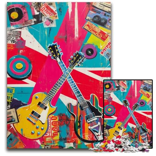 Puzzle für Erwachsene, 1000 Teile, Gitarren-Schallplatten-Collage, Puzzle zum Stressabbau, Zeitvertreib zu Hause, EIN Kunstwerk für Kinder ab 14 Jahren, 50x75cm von JIANGENNF