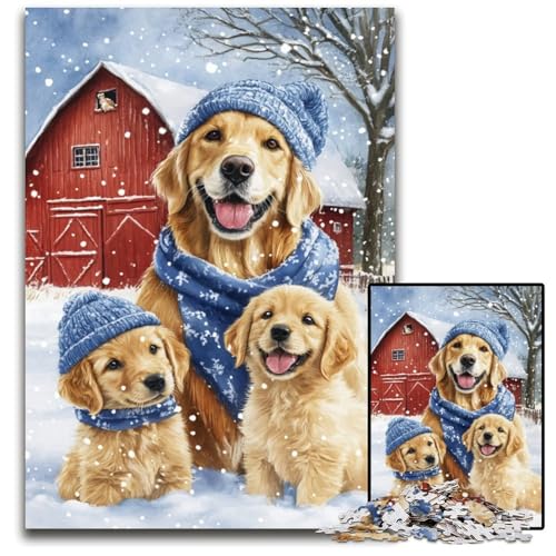 Puzzle für Erwachsene, 1000 Teile, Golden Retriever im Winter, Holzpuzzle, Weihnachten, Halloween, Ostern, Neujahr, 50x75cm von JIANGENNF