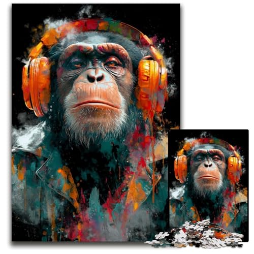 Puzzle für Erwachsene, 1000 Teile, Gorilla mit Kopfhörern, Puzzle-Spielzeug, Geschenk, pädagogisches intellektuelles Dekomprimierungsspaß, Familienspiel, 26x38cm von JIANGENNF