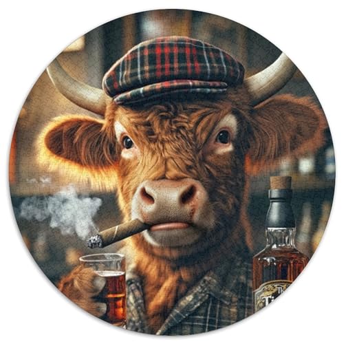 Puzzle für Erwachsene, 1000 Teile, Highland Cow Whisky & Cigar, runde Puzzles für 1000 Teile, Geburtstage und Feiertage (Größe 67,5 x 67,5 cm) von JIANGENNF