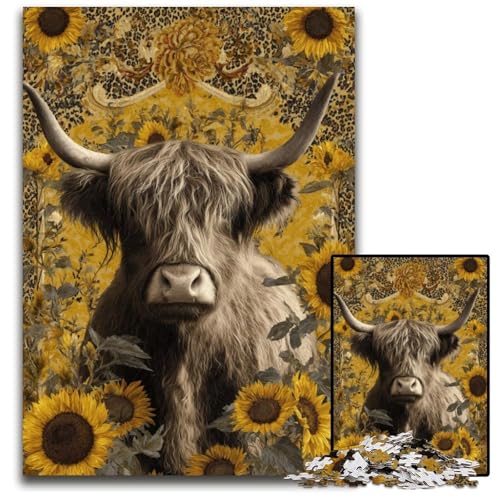 Puzzle für Erwachsene, 1000 Teile, Hochlandkühe und Sonnenblumen, Kartonpuzzle, pädagogisches Denkspiel, künstlerische Heim- und Bürodekoration, ab 14 Jahren, 26x38cm von JIANGENNF