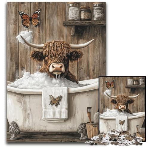 Puzzle für Erwachsene, 1000 Teile, Hochlandkuh im Badezimmer, Papppuzzle, Spiel für Erwachsene, Geschenk, Familien-Interaktives Spiel, Gehirn-Herausforderung, Geschenk, 26x38cm von JIANGENNF