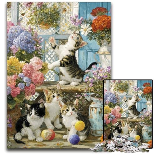Puzzle für Erwachsene, 1000 Teile, Kätzchen im Garten, Puzzle für Kinder ab 14 Jahren, pädagogische Herausforderung, lustige Aktivitäten zu Hause, Geburtstagsgeschenke, Reisegeschenke, 26x38cm von JIANGENNF