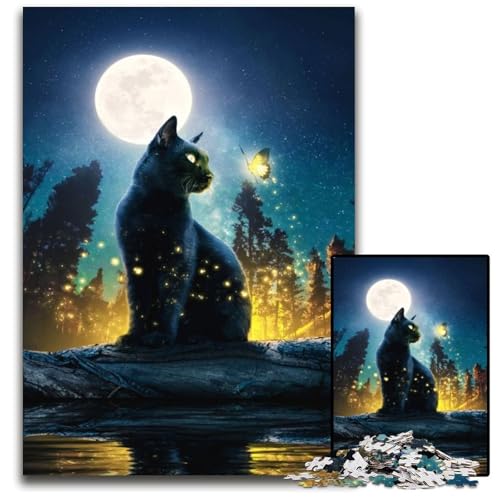 Puzzle für Erwachsene, 1000 Teile, Katze, Mond und Sterne, Holzpuzzle, Spiel für Erwachsene, Geschenk, Familien-Interaktives Spiel, Gehirn-Herausforderung, Geschenk, 50x75cm/19,68x29,52 Zoll von JIANGENNF