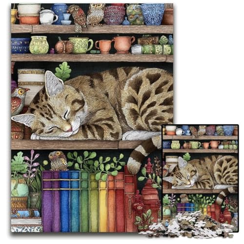Puzzle für Erwachsene, 1000 Teile, Katze auf dem Bücherregal, Puzzle, Spielzeug, Geschenk, pädagogisches intellektuelles Dekomprimierungsspaß, Familienspiel, 26x38cm von JIANGENNF