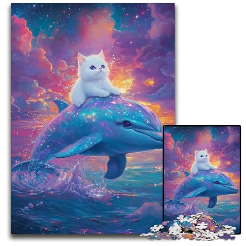 Puzzle für Erwachsene, 1000 Teile, Katze auf einem Delfin, Kartonpuzzle, Lernspielzeug, ganze Familie, ab 14 Jahren, 26x38cm von JIANGENNF