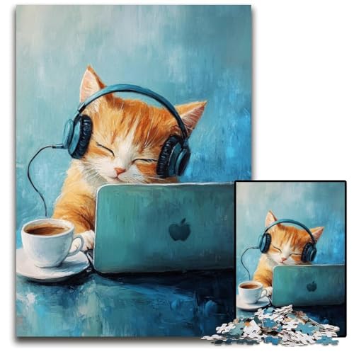 Puzzle für Erwachsene, 1000 Teile, Katze hört Musik, Karton-Puzzle für Erwachsene, Lernspiel, Herausforderungsspielzeug für Erwachsene Teenager, 26x38cm von JIANGENNF