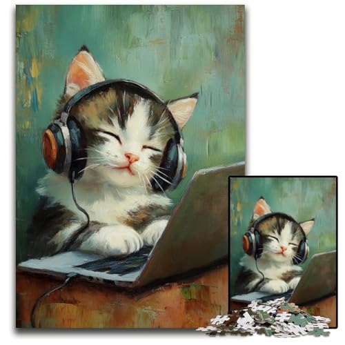 Puzzle für Erwachsene, 1000 Teile, Katze hört Musik, Puzzle, Spielzeug, Geschenk, pädagogisches intellektuelles Dekomprimierungsspaß, Familienspiel, 26x38cm von JIANGENNF