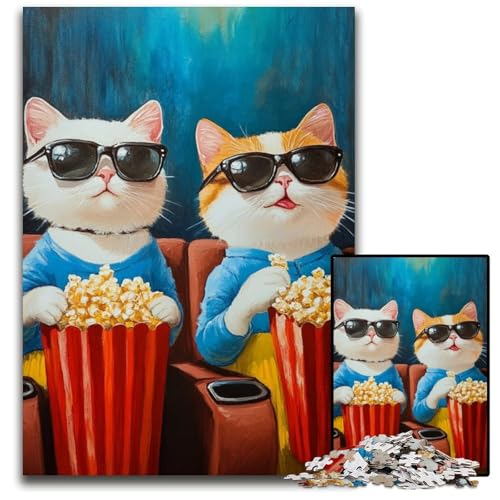 Puzzle für Erwachsene, 1000 Teile, Katze isst Popcorn, Holzpuzzle, ideal für Familienspaß, Entspannung, 50x75cm von JIANGENNF