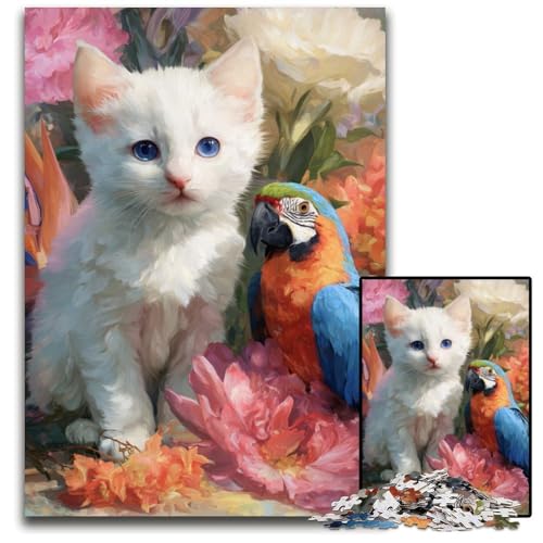 Puzzle für Erwachsene, 1000 Teile, Katze und Papagei, Holzpuzzle, farbenfrohe Heimdekoration und interaktives Familienspiel, 50x75cm von JIANGENNF