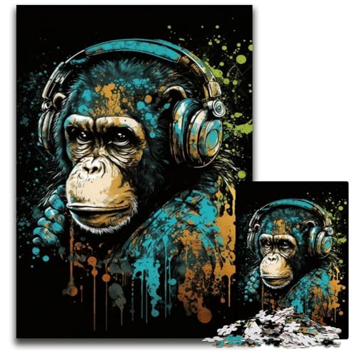 Puzzle für Erwachsene, 1000 Teile, Kopfhörer, Schimpanse, Holzpuzzle für Erwachsene, Denksportaufgabe für Teenager und Familieninteraktion, 50x75cm/19,68x29,52 Zoll von JIANGENNF