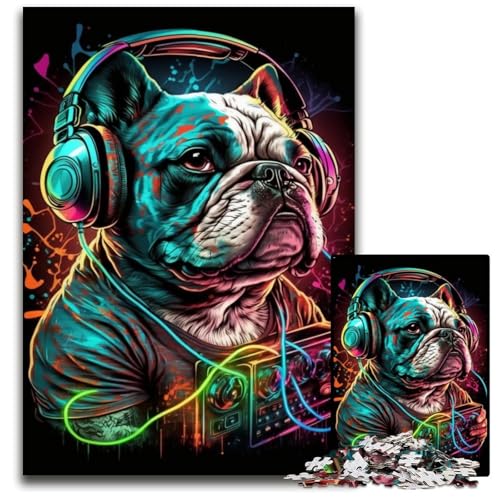 Puzzle für Erwachsene, 1000 Teile, Kopfhörer-Bulldogge, Holzpuzzle für Erwachsene, Weihnachten, Halloween, Ostern, Neujahr, 50x75cm/19,68x29,52 Zoll von JIANGENNF