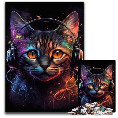 Puzzle für Erwachsene, 1000 Teile, Kopfhörer-Katze, Holzpuzzle für Erwachsene, Denkspiel für Teenager und Familieninteraktion, 50x75cm/19,68x29,52 Zoll von JIANGENNF