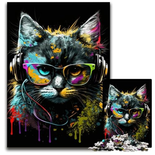 Puzzle für Erwachsene, 1000 Teile, Kopfhörer-Katze, Holzpuzzle für Erwachsene, Weihnachten, Halloween, Ostern, Neujahr, 50x75cm/19,68x29,52 Zoll von JIANGENNF