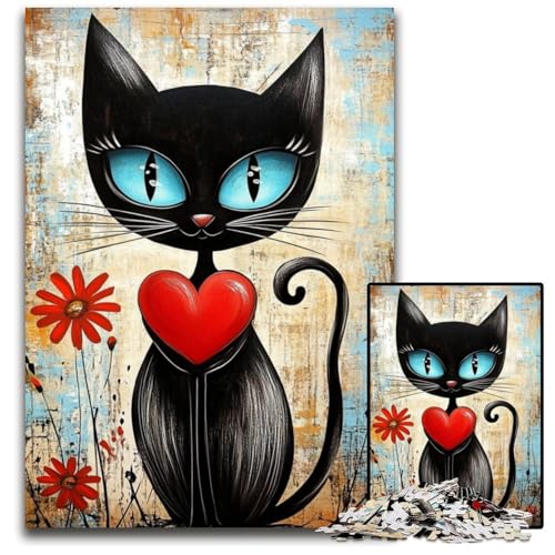 Puzzle für Erwachsene, 1000 Teile, Liebes-Puzzle mit schwarzer Katze, Holzpuzzle, pädagogisches Denkspiel, künstlerische Heim- und Bürodekoration, ab 14 Jahren, 50x75cm von JIANGENNF