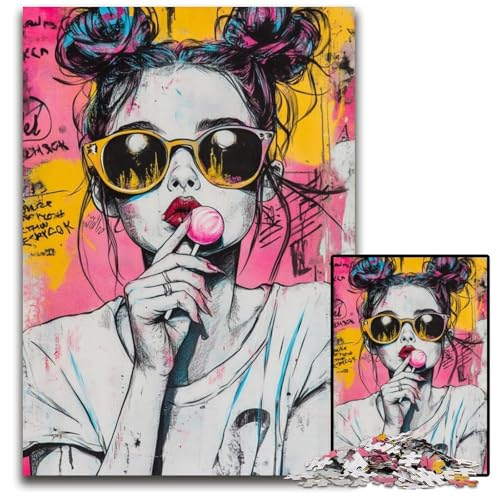 Puzzle für Erwachsene, 1000 Teile, Mädchen mit Sonnenbrille, Karton-Puzzle, pädagogisches Denkspiel, künstlerische Heim- und Bürodekoration, ab 14 Jahren, 26x38cm von JIANGENNF
