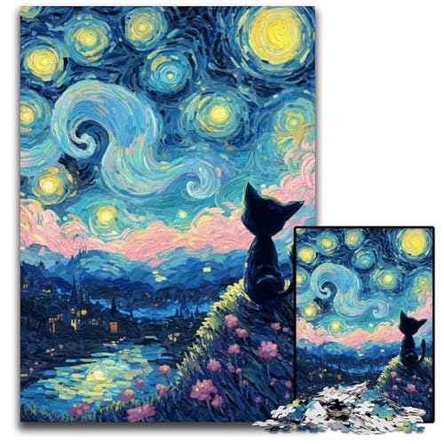 Puzzle für Erwachsene, 1000 Teile, Nachthimmel, Schwarze Katze, Papppuzzle, Stressabbau, Staycation, Zeit totzuschlagen, EIN Kunstwerk für Kinder ab 14 Jahren, 26x38cm von JIANGENNF