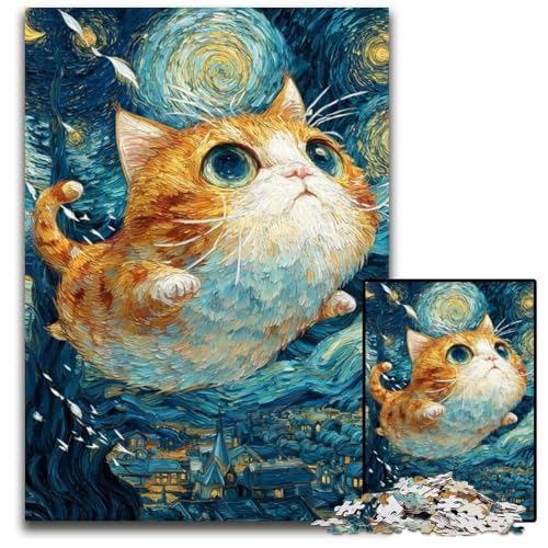 Puzzle für Erwachsene, 1000 Teile, Nachthimmel-Katze, Holzpuzzle, Spiel für Erwachsene, Geschenk, Familien-Interaktives Spiel, Gehirn-Herausforderung, Geschenk, 50x75cm von JIANGENNF