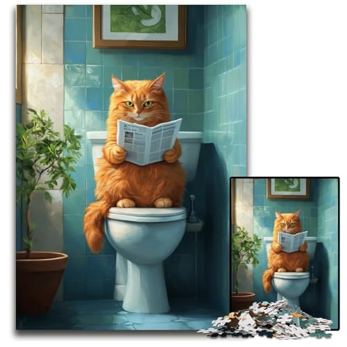 Puzzle für Erwachsene, 1000 Teile, Orange Katze auf der Toilette, Holzpuzzle, Spiel für Erwachsene, Geschenk, Familien-Interaktives Spiel, Gehirn-Herausforderung, Geschenk, 50x75cm von JIANGENNF