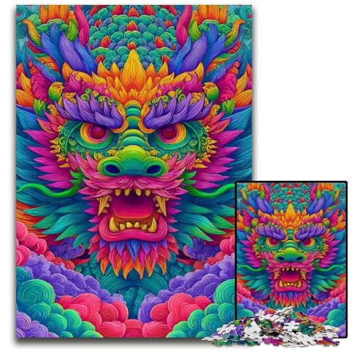 Puzzle für Erwachsene, 1000 Teile, Psychedelischer Drache, Holzpuzzle, Spiel für Erwachsene, Geschenk, Familien-Interaktives Spiel, Gehirn-Herausforderung, Geschenk, 50x75cm von JIANGENNF