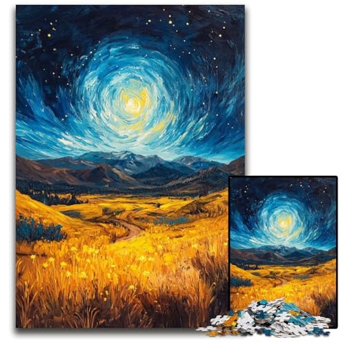Puzzle für Erwachsene, 1000 Teile, Reisfelder unter dem Nachthimmel, Holzpuzzle, pädagogisches Denkspiel, künstlerische Heim- und Bürodekoration, ab 14 Jahren, 50x75cm von JIANGENNF