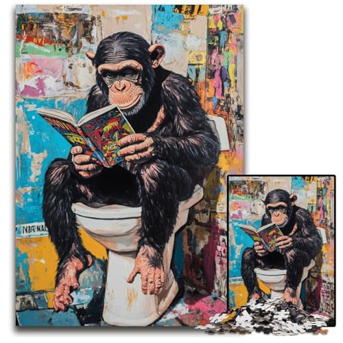 Puzzle für Erwachsene, 1000 Teile, Schimpanse auf der Toilette, Holzpuzzle, pädagogisches Denkspiel, künstlerische Heim- und Bürodekoration, ab 14 Jahren, 50x75cm von JIANGENNF