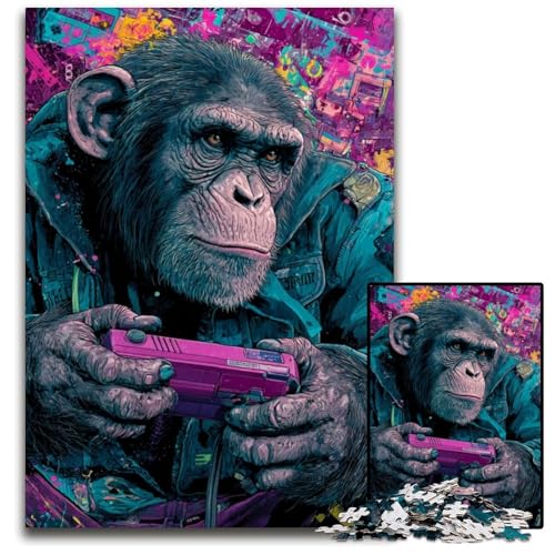 Puzzle für Erwachsene, 1000 Teile, Schimpansen-Spiel, Holzpuzzle, kompliziertes Design für Teenager, DIY-Dekor und gehirnfördernder Spaß, 50x75cm von JIANGENNF