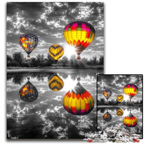 Puzzle für Erwachsene, 1000 Teile, Schwarz-Weiß-Holzpuzzle mit Heißluftballon, Weihnachten, Halloween, Ostern, Neujahr, 50x75cm von JIANGENNF