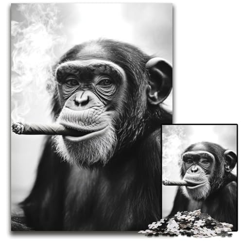 Puzzle für Erwachsene, 1000 Teile, Schwarz-Weiß-Schimpanse, Holzpuzzle, Spiel für Erwachsene, Geschenk, Familien-Interaktives Spiel, Gehirn-Herausforderung, Geschenk, 50x75cm von JIANGENNF