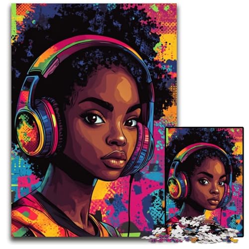 Puzzle für Erwachsene, 1000 Teile, Schwarzes Mädchen hört Musik, Karton-Puzzle, Lernspielzeug für Teenager, Heimbüro-Dekor, 26x38cm von JIANGENNF